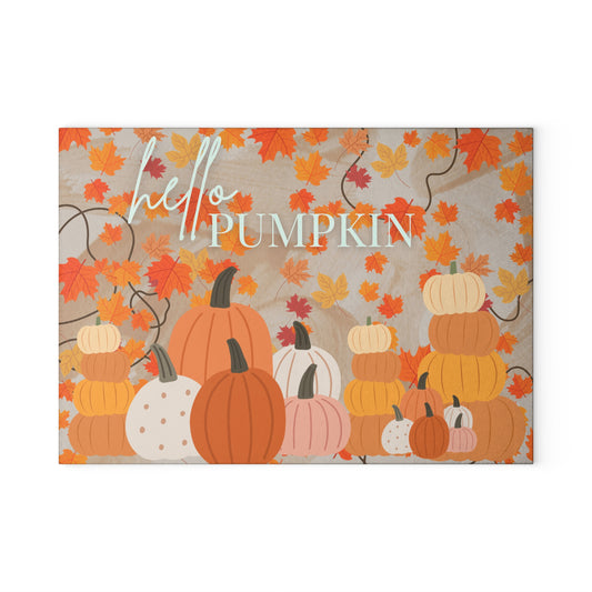 Autumn-Themed Glass Cutting Board, Hello Pumpkin Design for Fall Cooking, Kitchen Decor, Thanksgiving Gift, Seasonal Home Accessory