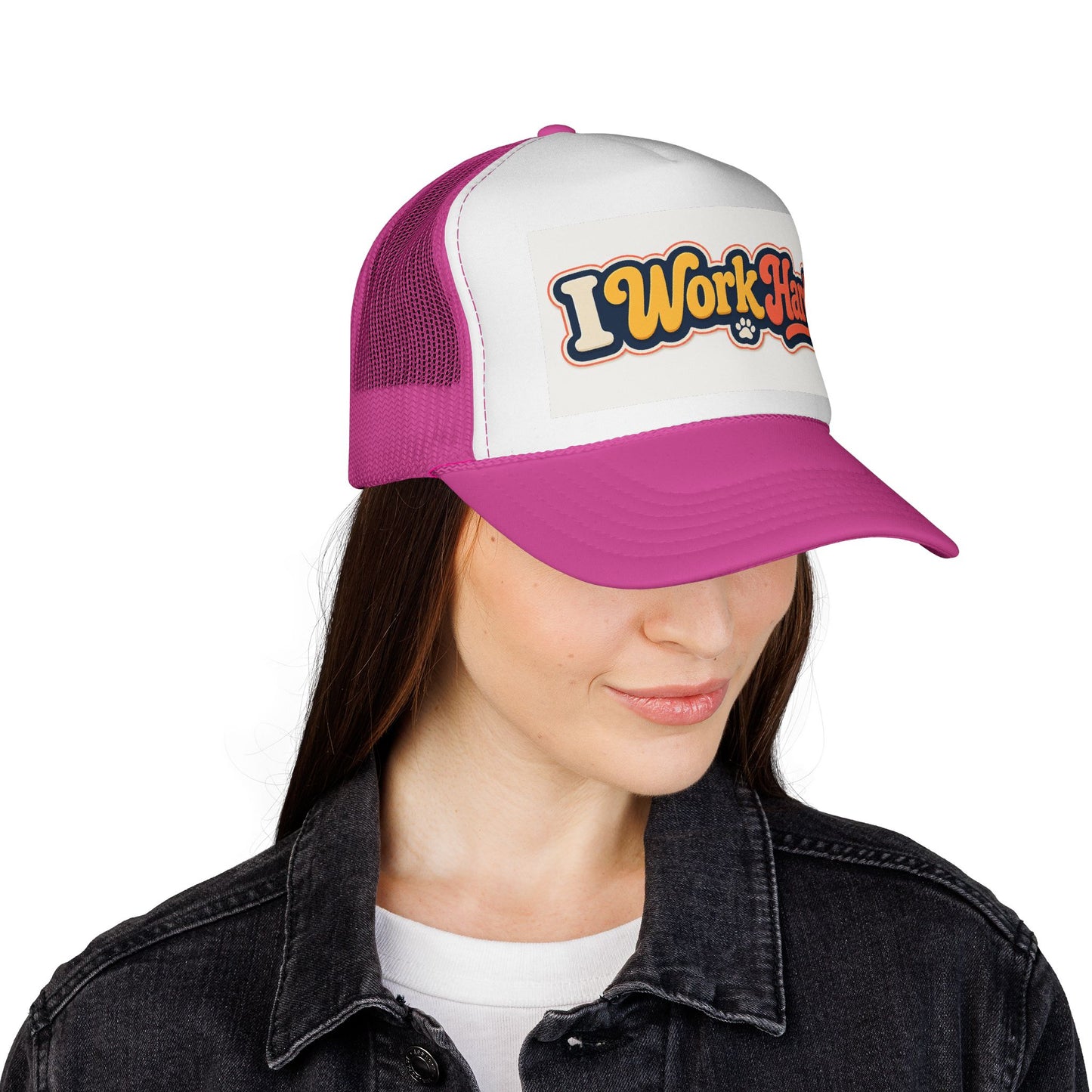 I Work Hard Trucker Hat — Retro Patch Work Ethic Mesh Cap
