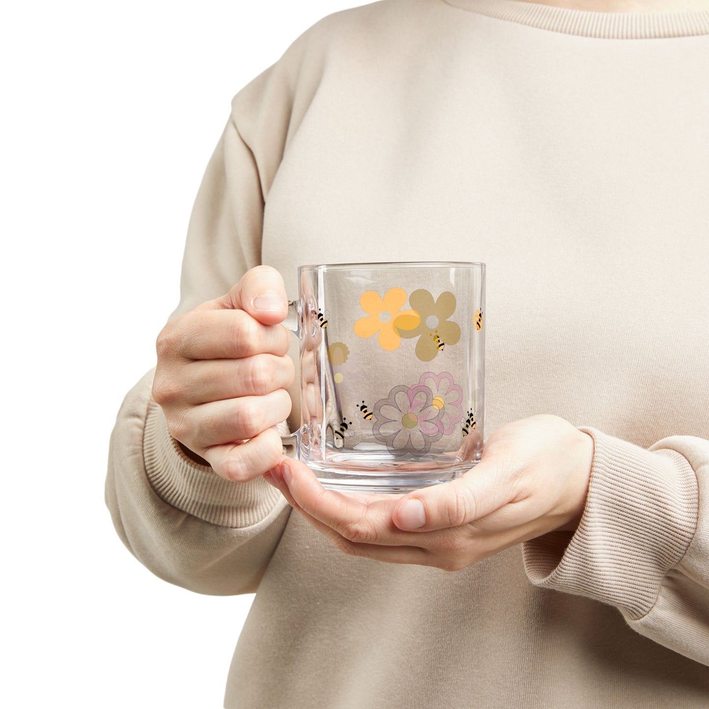 Floral Bee Glass Mug, 10oz - Cute Coffee Mug, Gift for Garden Lovers, Spring Decor, Bee-Inspired Drinkware