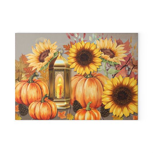 Fall-Themed Glass Cutting Board, Autumn Kitchen Decor, Pumpkin & Sunflower Design, Thanksgiving Gifts, Seasonal Cooking Accessories