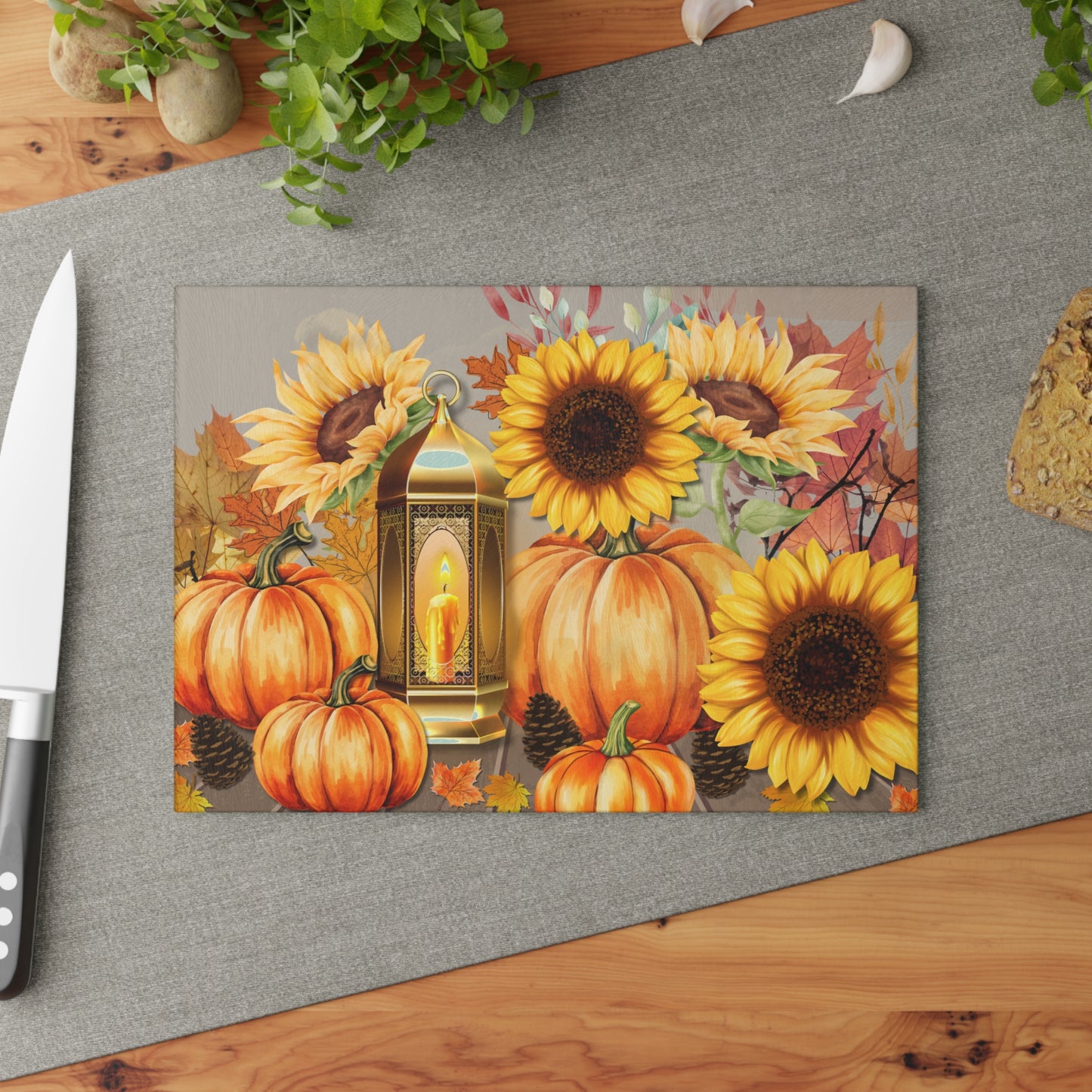 Fall-Themed Glass Cutting Board, Autumn Kitchen Decor, Pumpkin & Sunflower Design, Thanksgiving Gifts, Seasonal Cooking Accessories