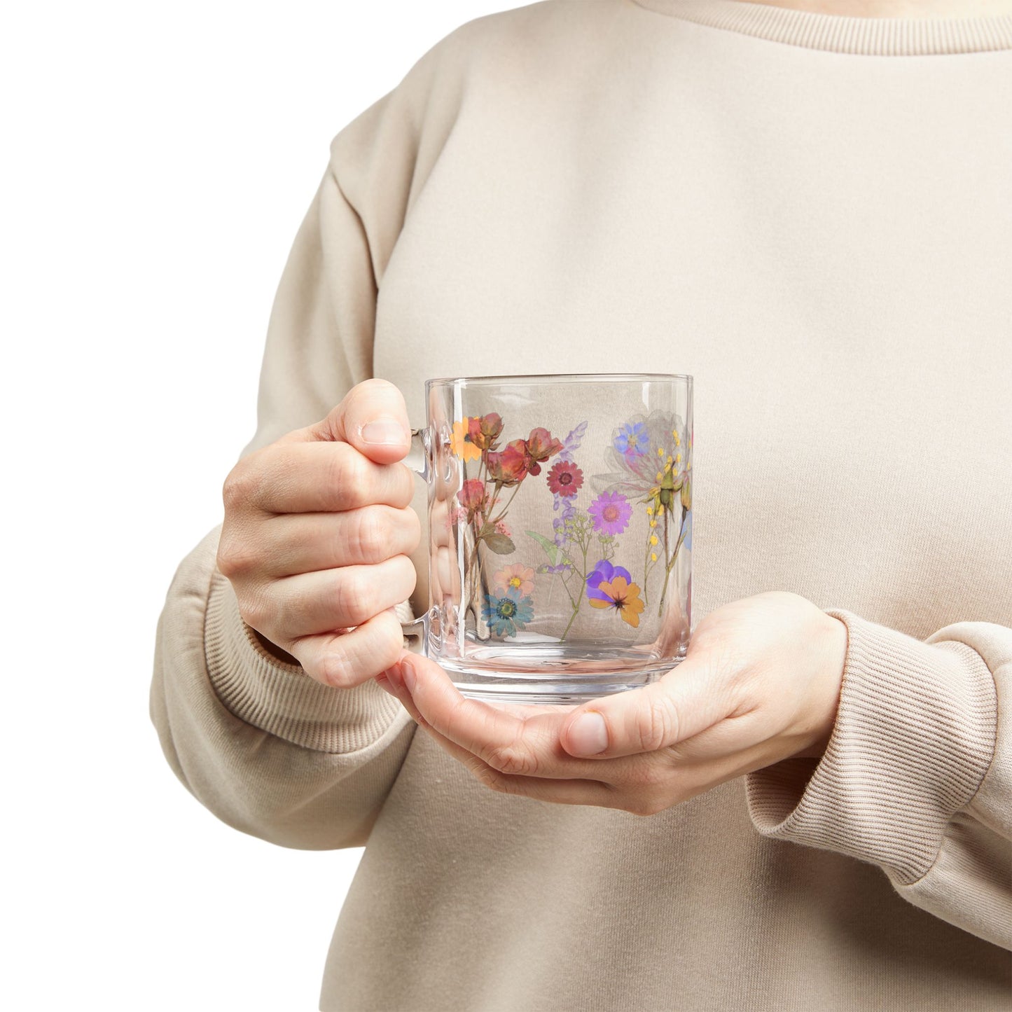 Floral Glass Mug, 10oz - Hand-painted, Flower Design, Perfect for Tea, Coffee, Gift for Her, Home Decor, Spring Decor