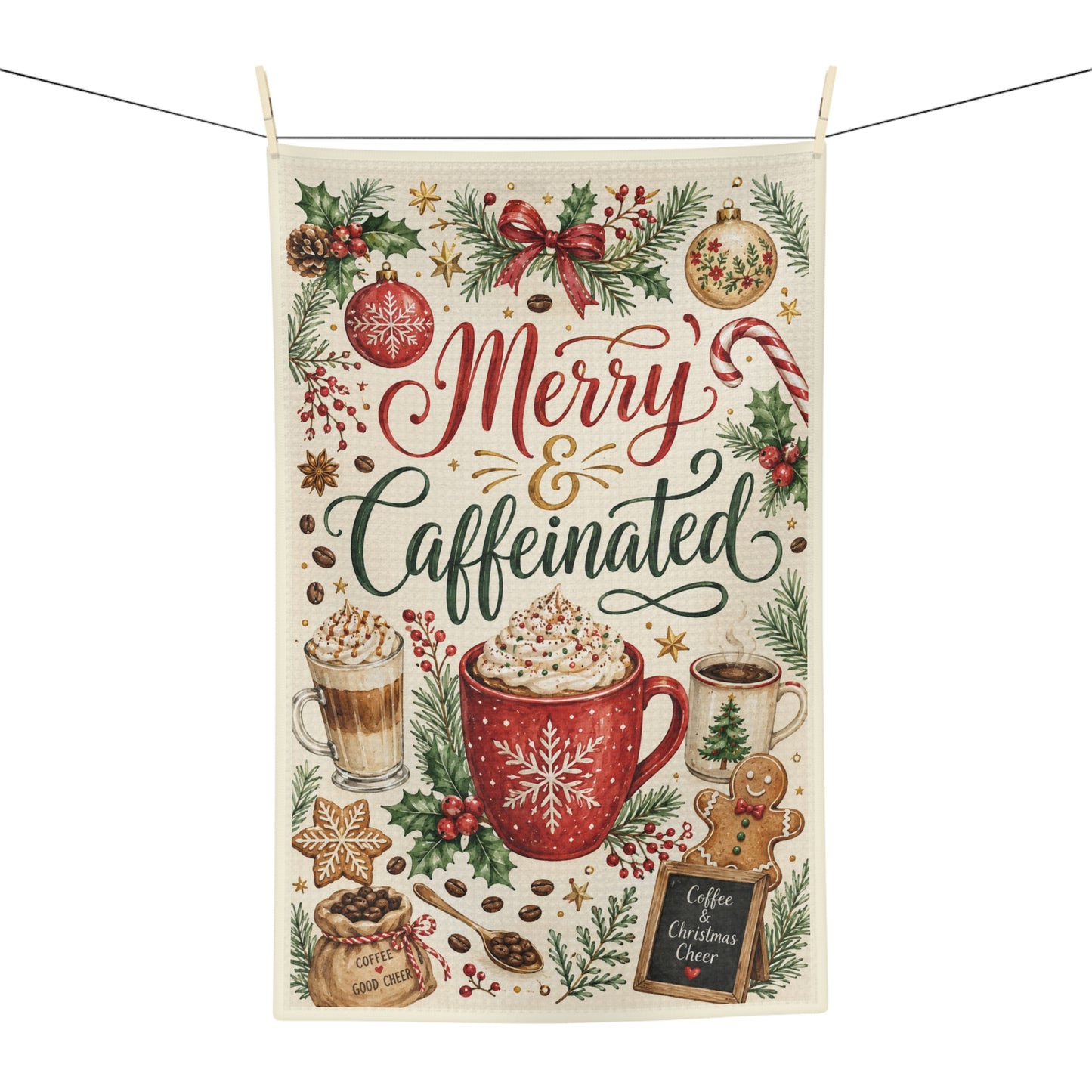 Merry & Caffeinated Holiday Tea Towel — Festive Christmas Kitchen Decor