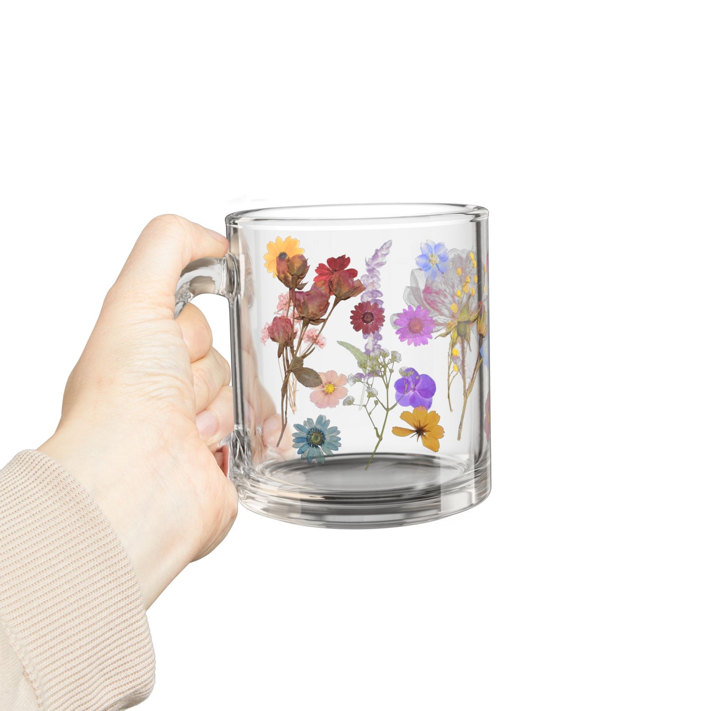 Floral Glass Mug, 10oz - Hand-painted, Flower Design, Perfect for Tea, Coffee, Gift for Her, Home Decor, Spring Decor