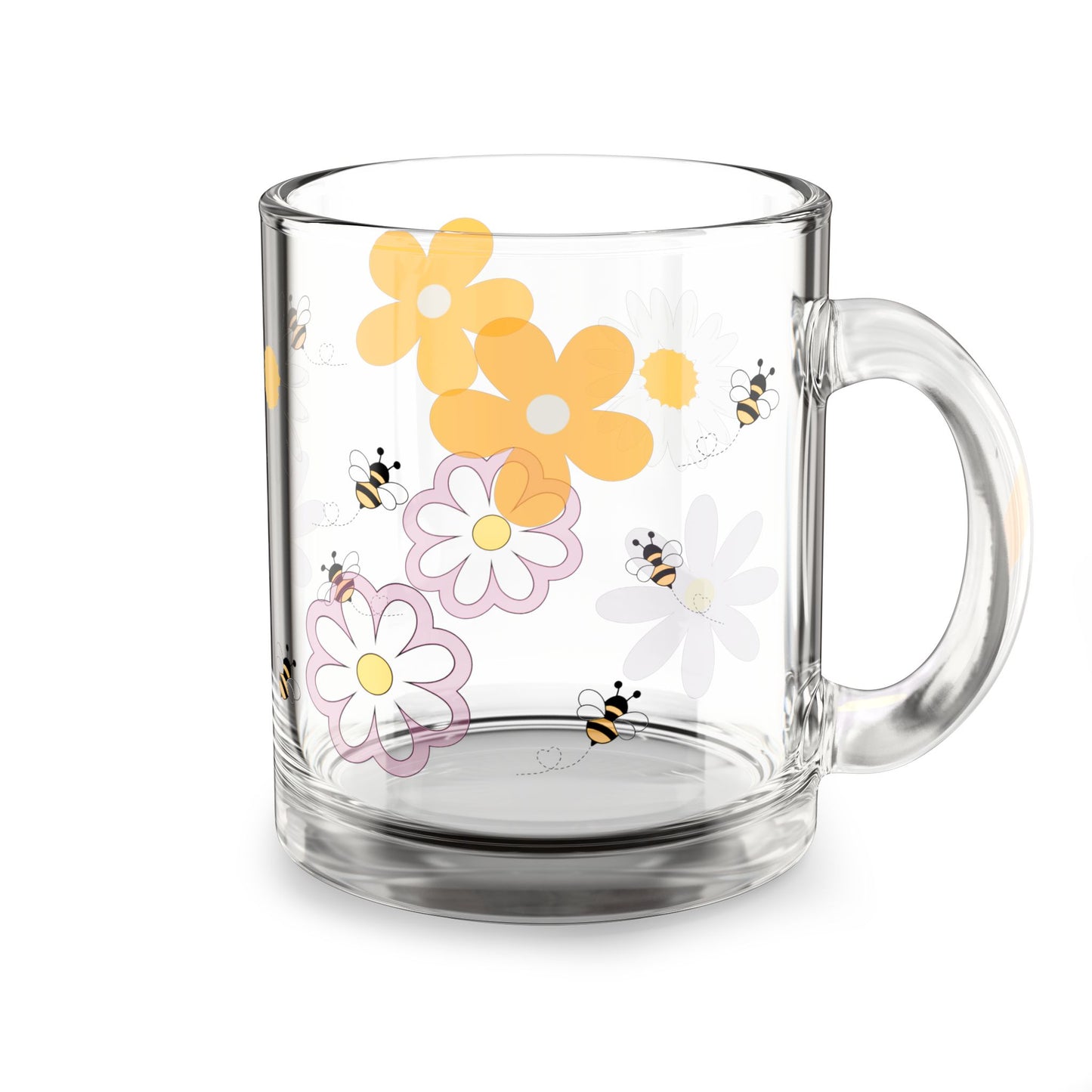 Floral Bee Glass Mug, 10oz - Cute Coffee Mug, Gift for Garden Lovers, Spring Decor, Bee-Inspired Drinkware