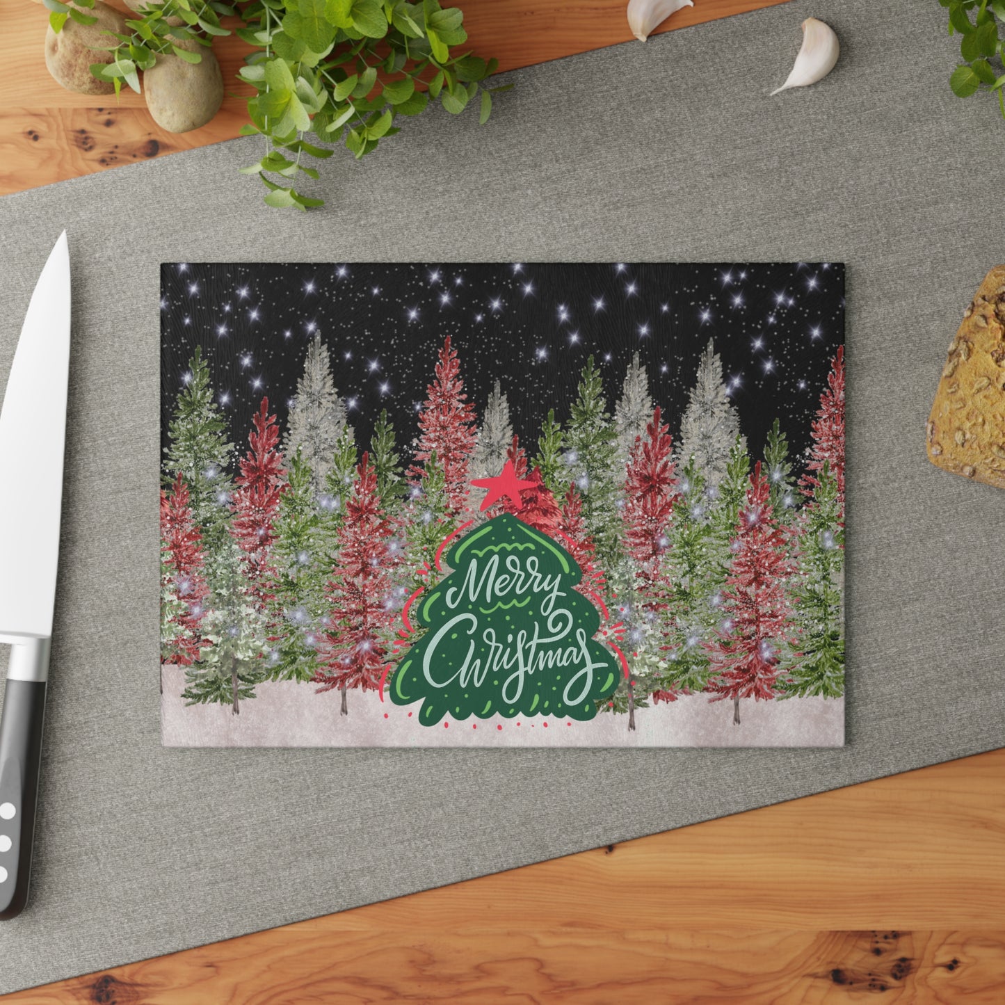 Christmas Glass Cutting Board - Merry Christmas Design, Holiday Decor, Kitchen Gift, Festive Cooking Board, Seasonal Kitchenware