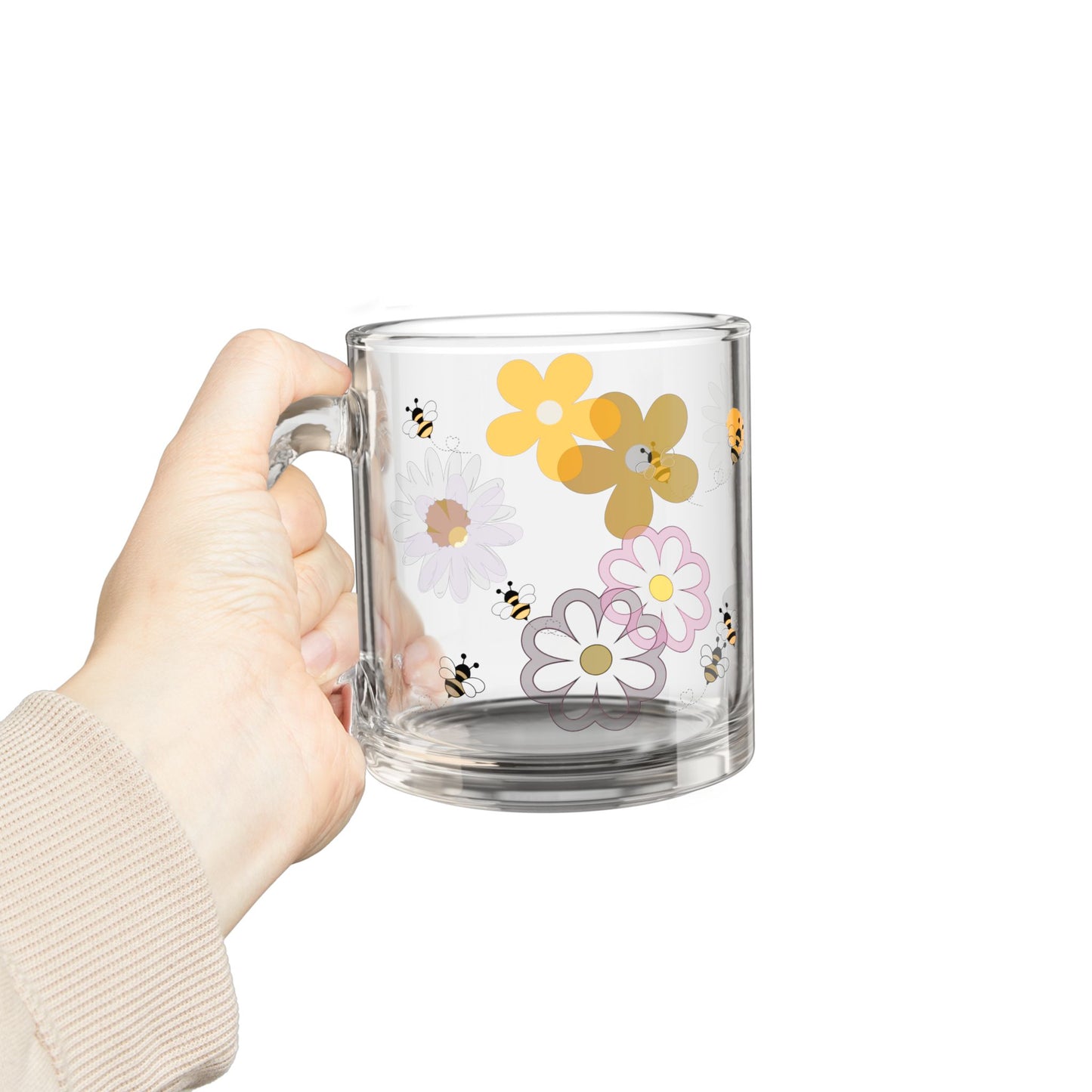 Floral Bee Glass Mug, 10oz - Cute Coffee Mug, Gift for Garden Lovers, Spring Decor, Bee-Inspired Drinkware