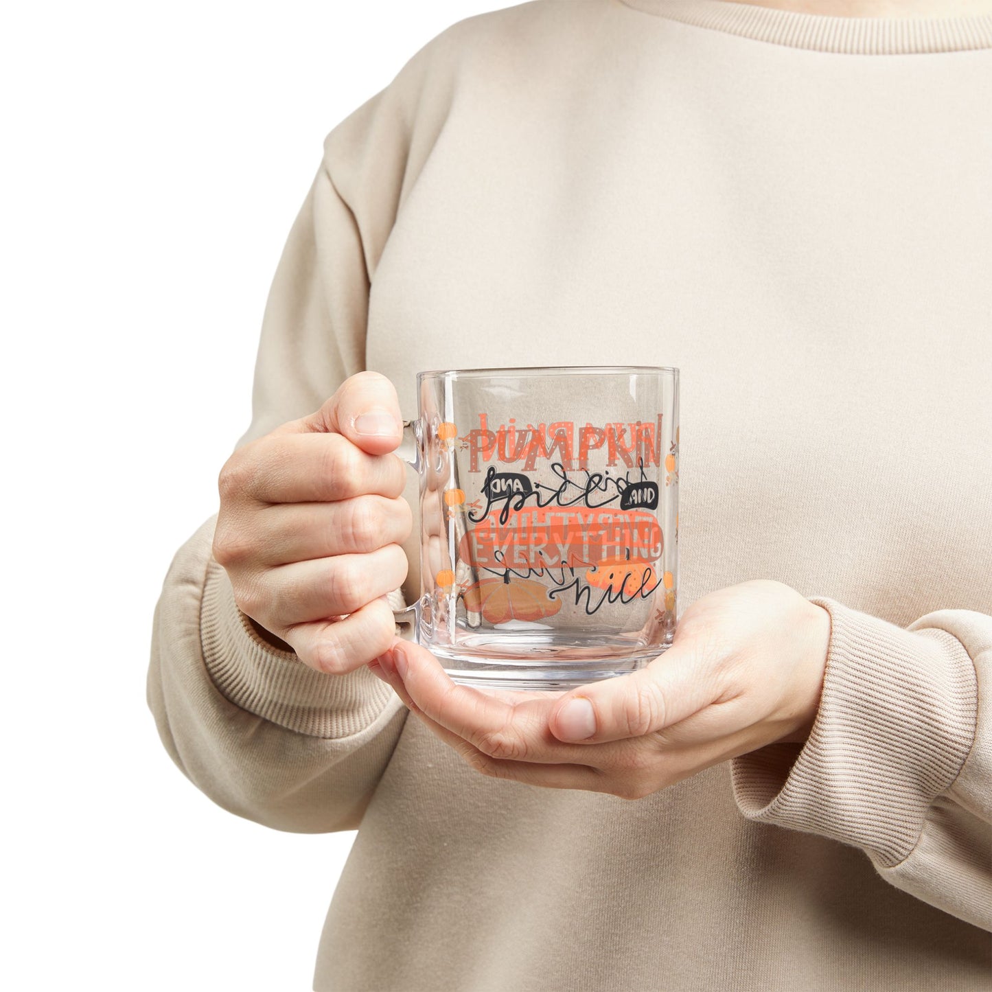 Autumn Pumpkin Spice Glass Mug, Cozy Hot Drink Cup, Fall Decor Gift, Thanksgiving Coffee Mug, Seasonal Orange & Black Tea Mug