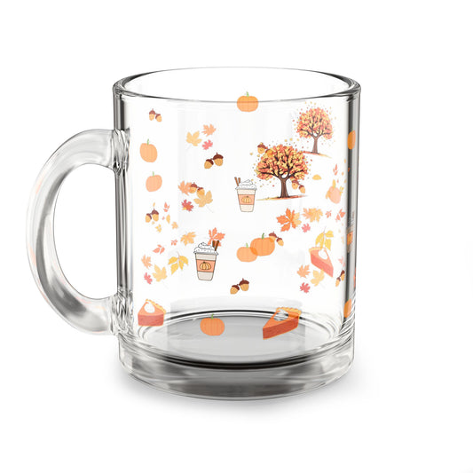 Autumn-Themed Glass Mug, Cozy Fall Drinkware, Pumpkin Spice Mug, Gifts for Coffee Lovers, Seasonal Home Decor, Fall Harvest Collection