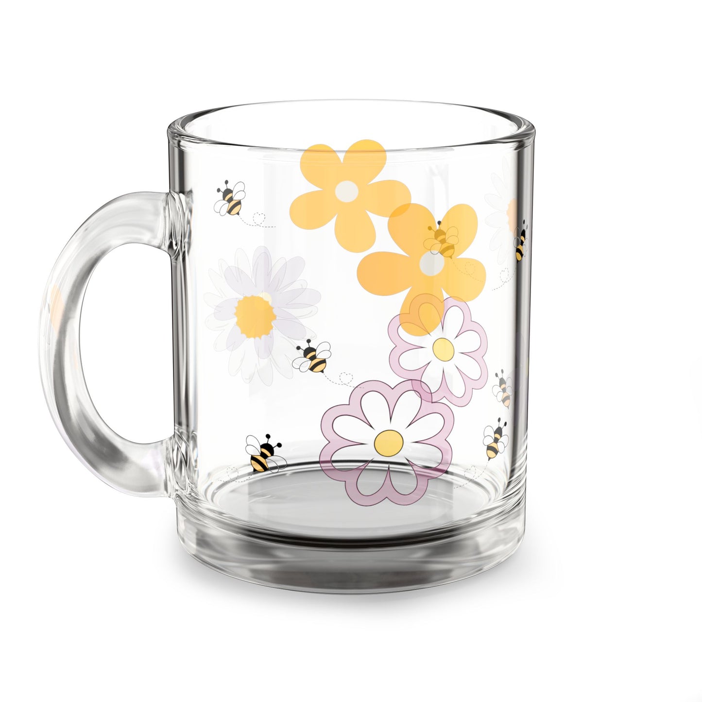 Floral Bee Glass Mug, 10oz - Cute Coffee Mug, Gift for Garden Lovers, Spring Decor, Bee-Inspired Drinkware