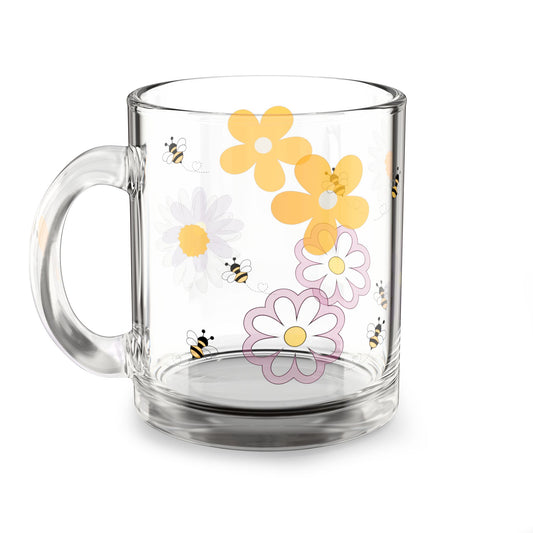 Floral Bee Glass Mug, 10oz - Cute Coffee Mug, Gift for Garden Lovers, Spring Decor, Bee-Inspired Drinkware