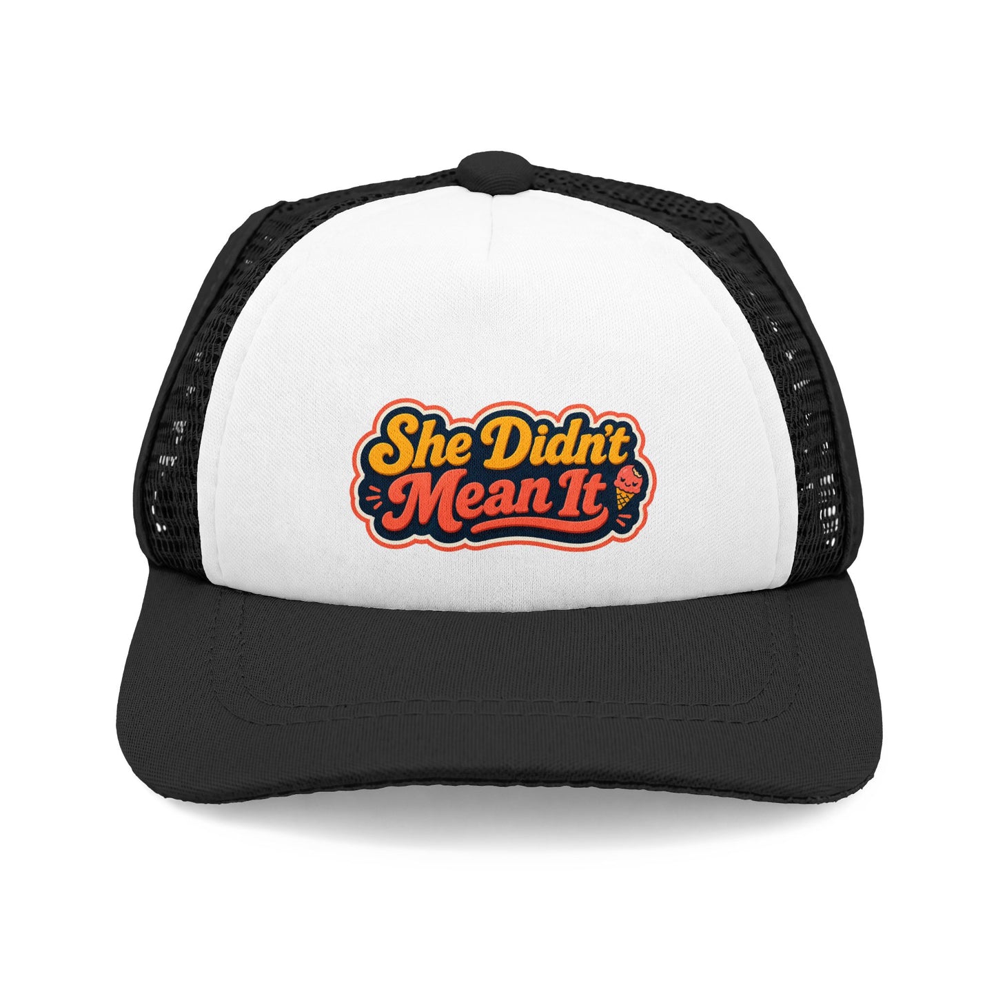 She Didn't Mean It Trucker Hat — Retro Script Foam Mesh Cap for Dog Lovers