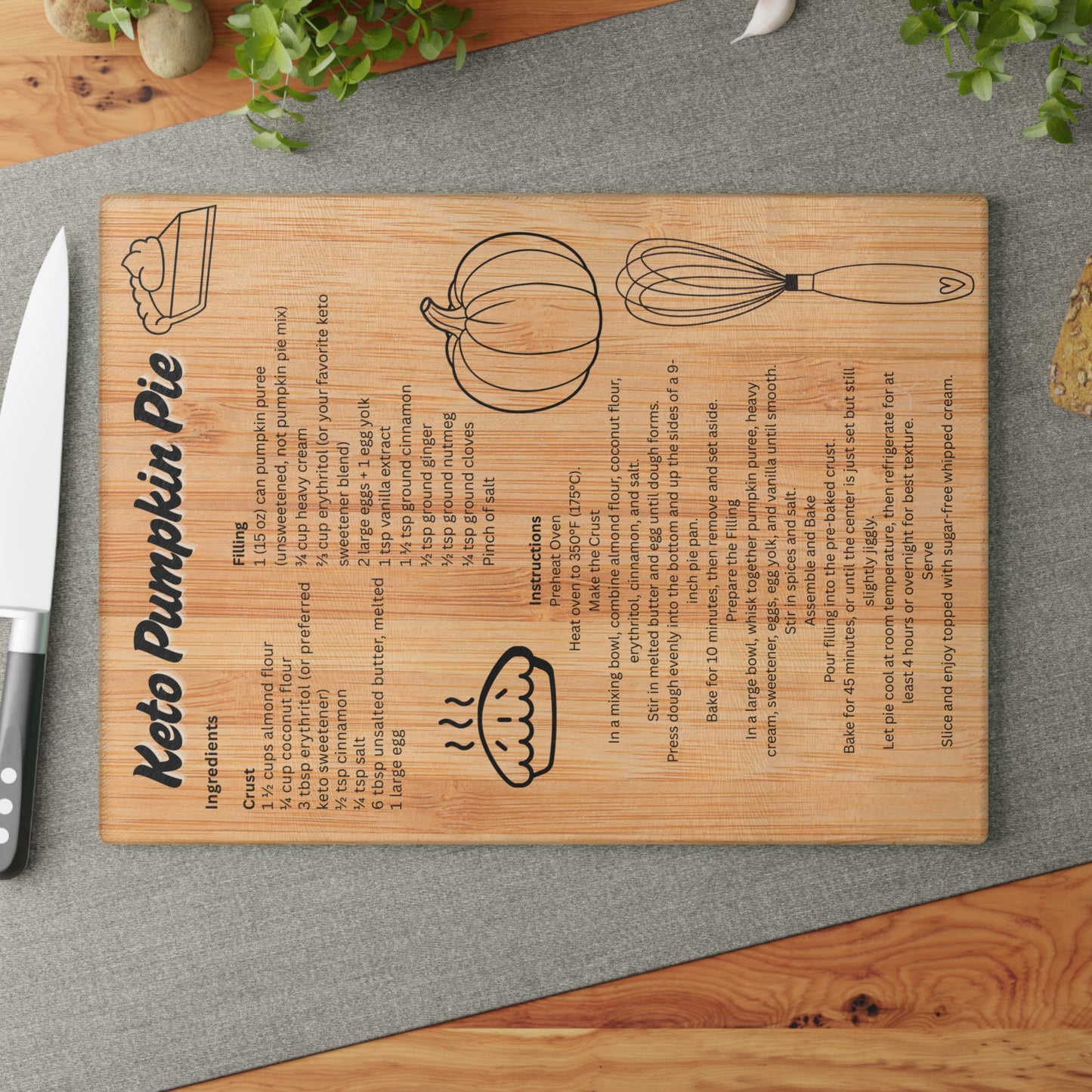 Keto Pumpkin Pie Recipe Glass Cutting Board - Unique Kitchen Decor, Thanksgiving Gifts, Cooking Essentials, Recipe Display, Home Chefs