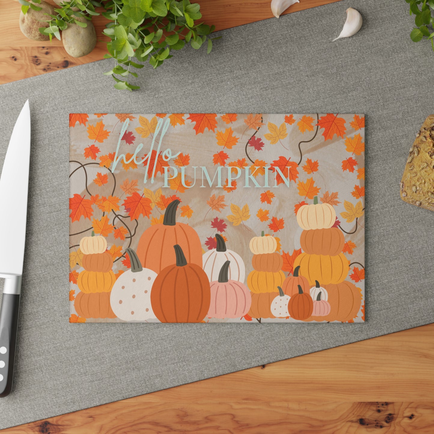 Autumn-Themed Glass Cutting Board, Hello Pumpkin Design for Fall Cooking, Kitchen Decor, Thanksgiving Gift, Seasonal Home Accessory