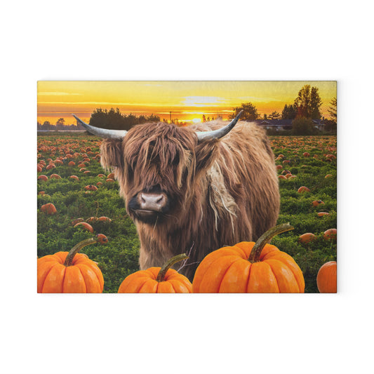 Fall-Themed Highland Cow Glass Cutting Board, Autumn Kitchen Decor, Pumpkin, Thanksgiving Gifts, Seasonal Cooking Accessories