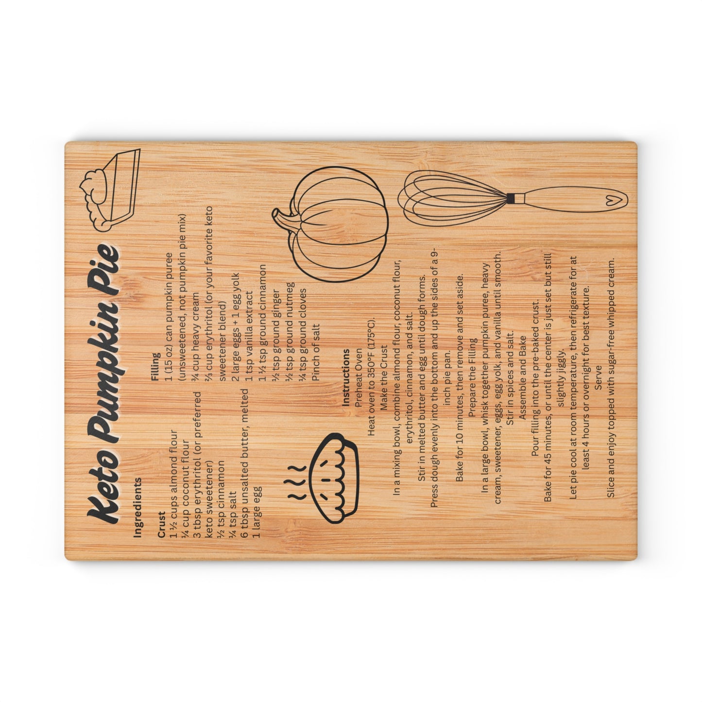 Keto Pumpkin Pie Recipe Glass Cutting Board - Unique Kitchen Decor, Thanksgiving Gifts, Cooking Essentials, Recipe Display, Home Chefs