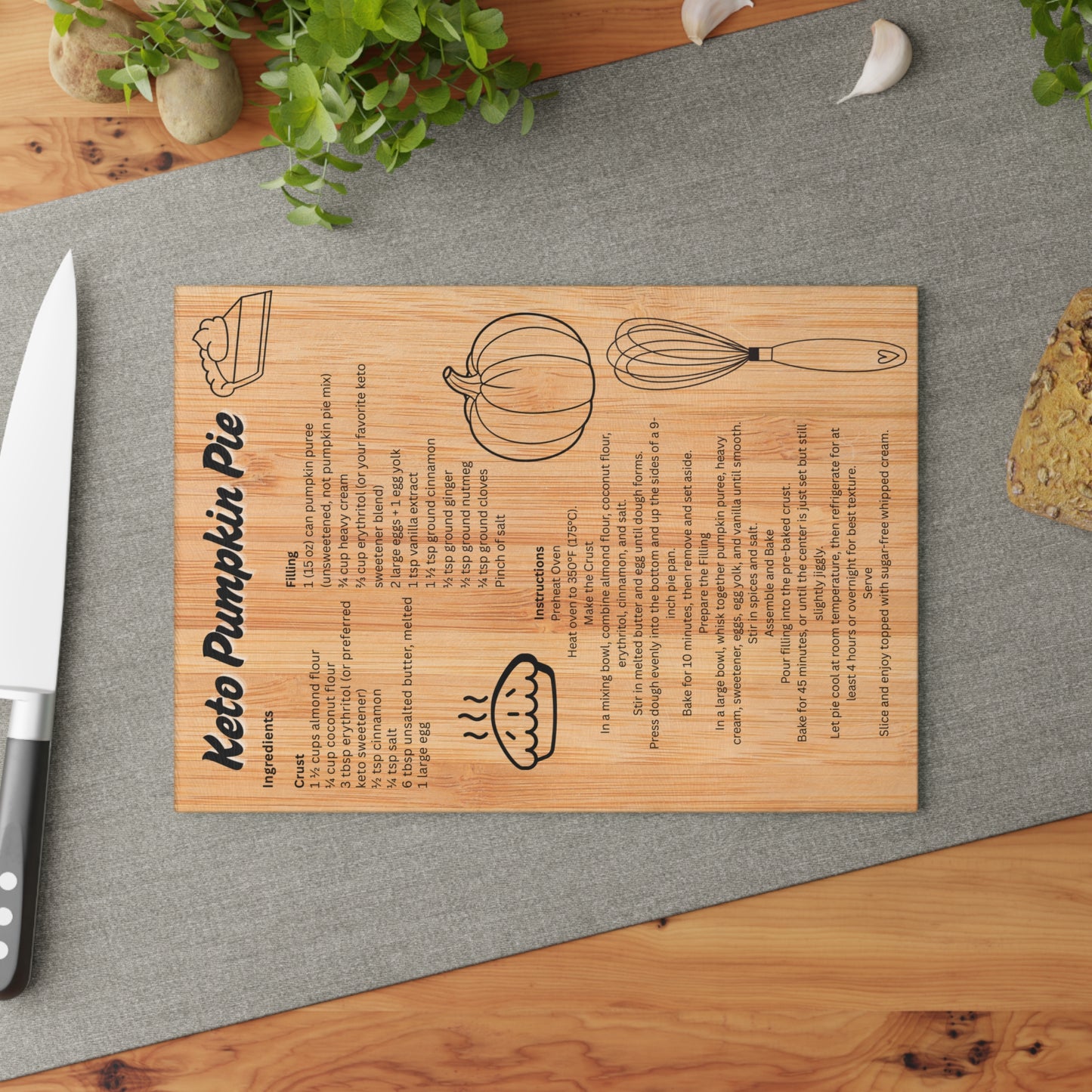 Keto Pumpkin Pie Recipe Glass Cutting Board - Unique Kitchen Decor, Thanksgiving Gifts, Cooking Essentials, Recipe Display, Home Chefs