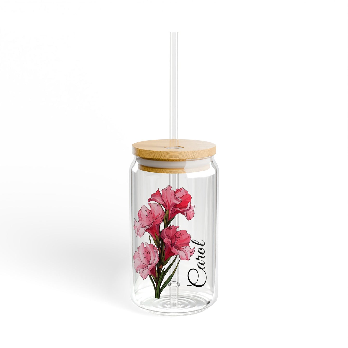 Custom Month Flower and Name Sipper Glass, 16 oz