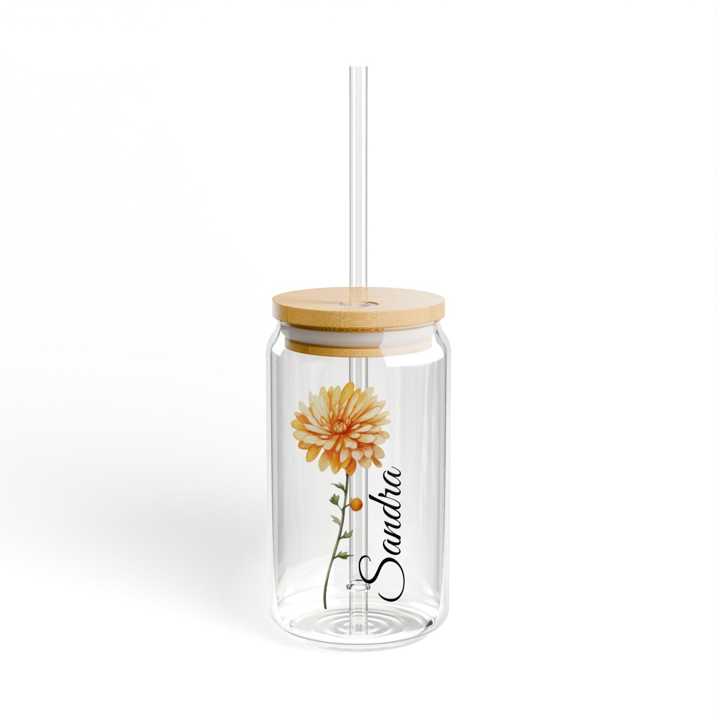 Custom Month Flower and Name Sipper Glass, 16 oz