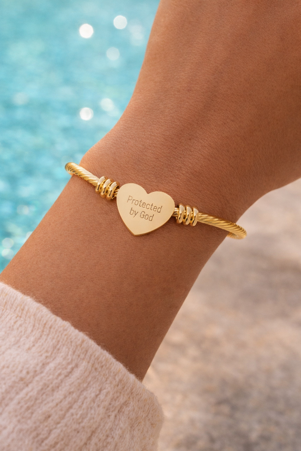 Protected By God Bracelet – Engraved Heart Charm Gold Bangle, Inspirational Christian Jewelry for Women, Faith Gift, Strength & Confidence Bracelet