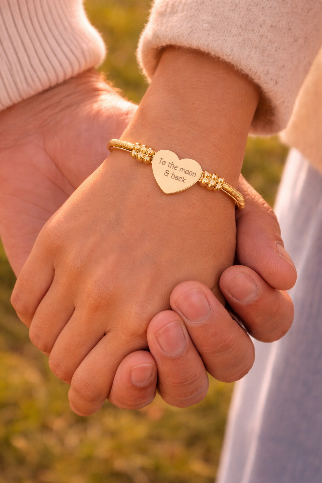 To the Moon and Back Bracelet – Engraved Heart Charm Gold Bangle, Romantic Gift for Her, Love Jewelry, Anniversary or Valentine’s Gift