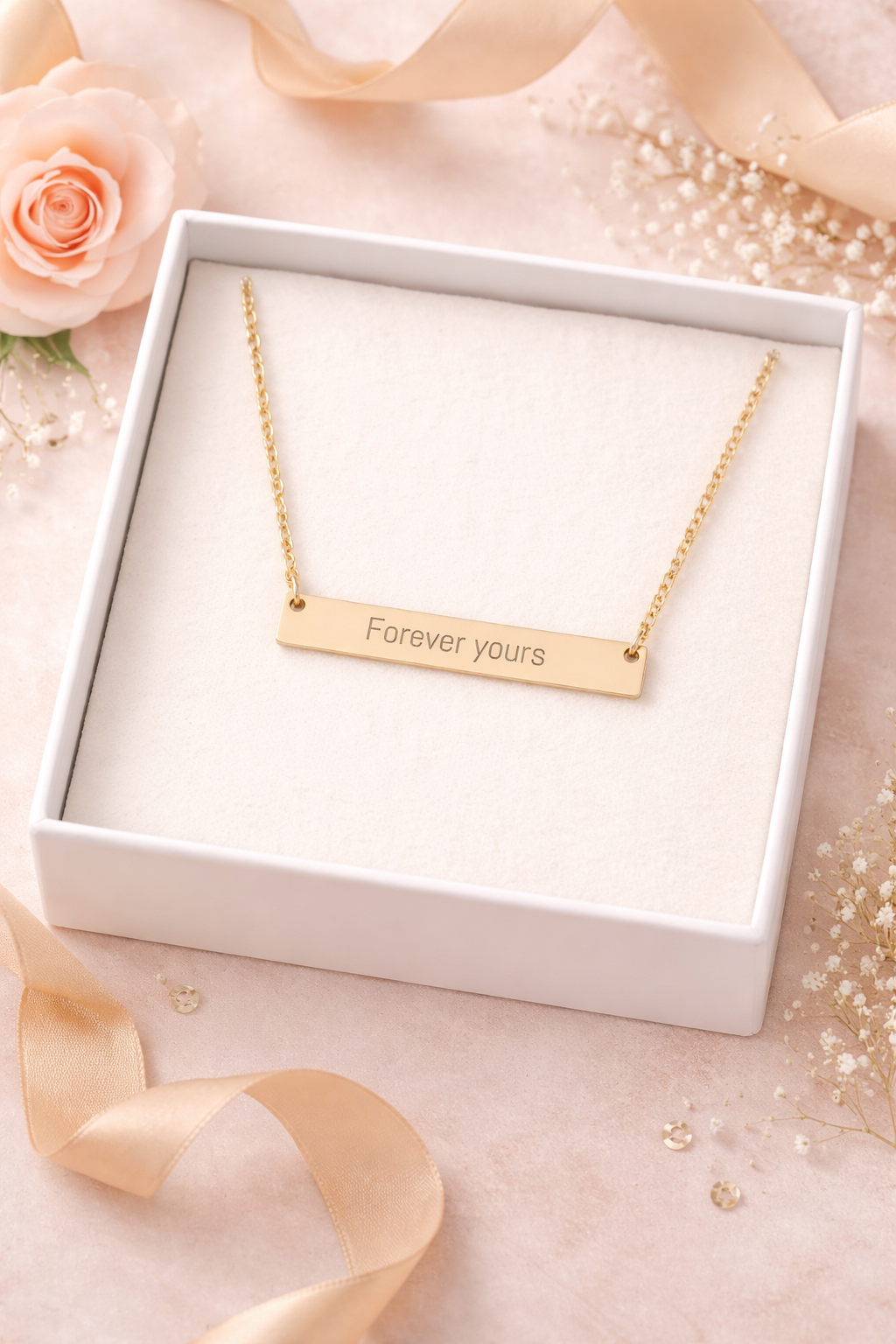 Forever Yours Gold Bar Necklace – Engraved Minimalist Jewelry Gift for Her, Dainty Gold Chain, Romantic Gift Idea
