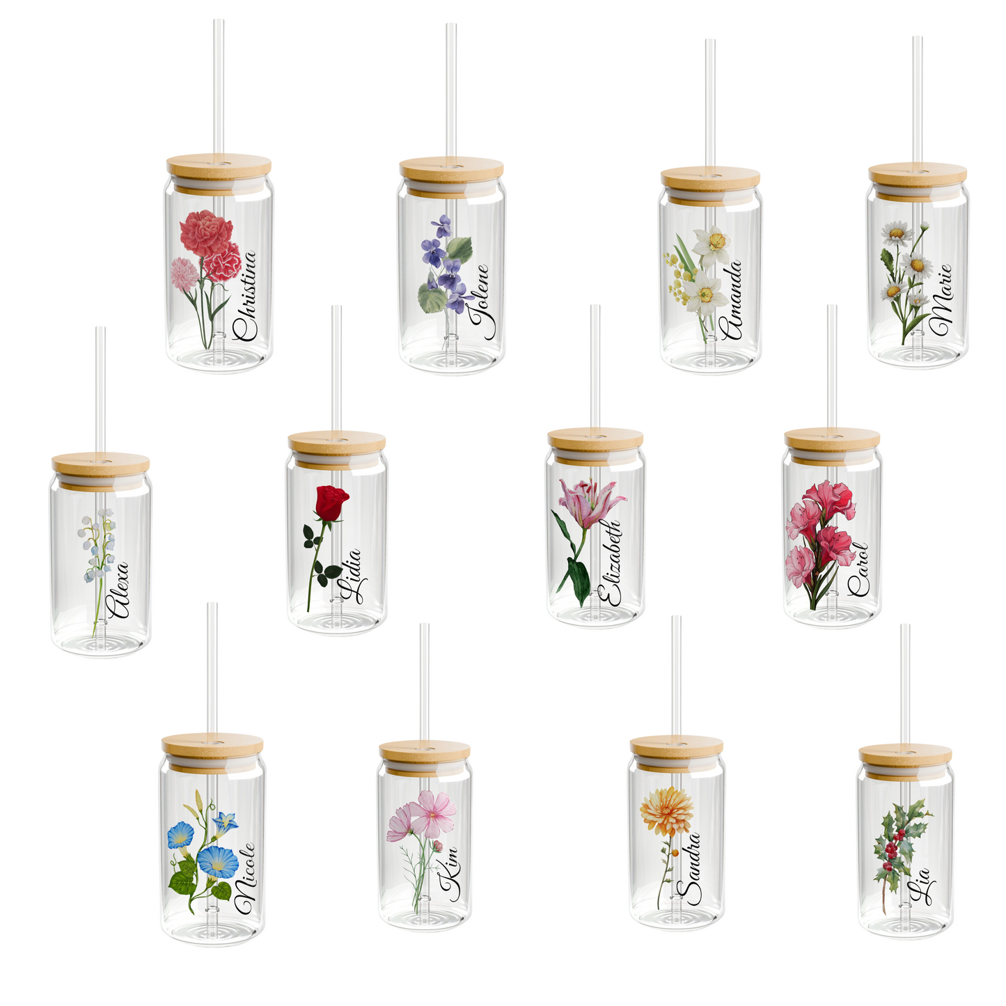 Custom Month Flower and Name Sipper Glass, 16 oz