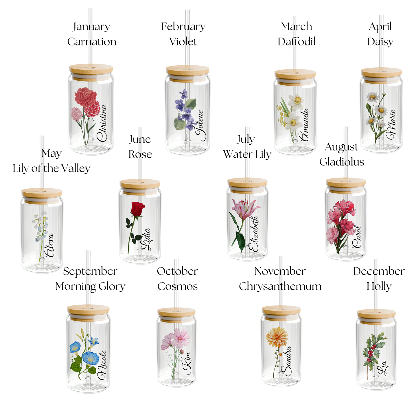 Custom Month Flower and Name Sipper Glass, 16 oz