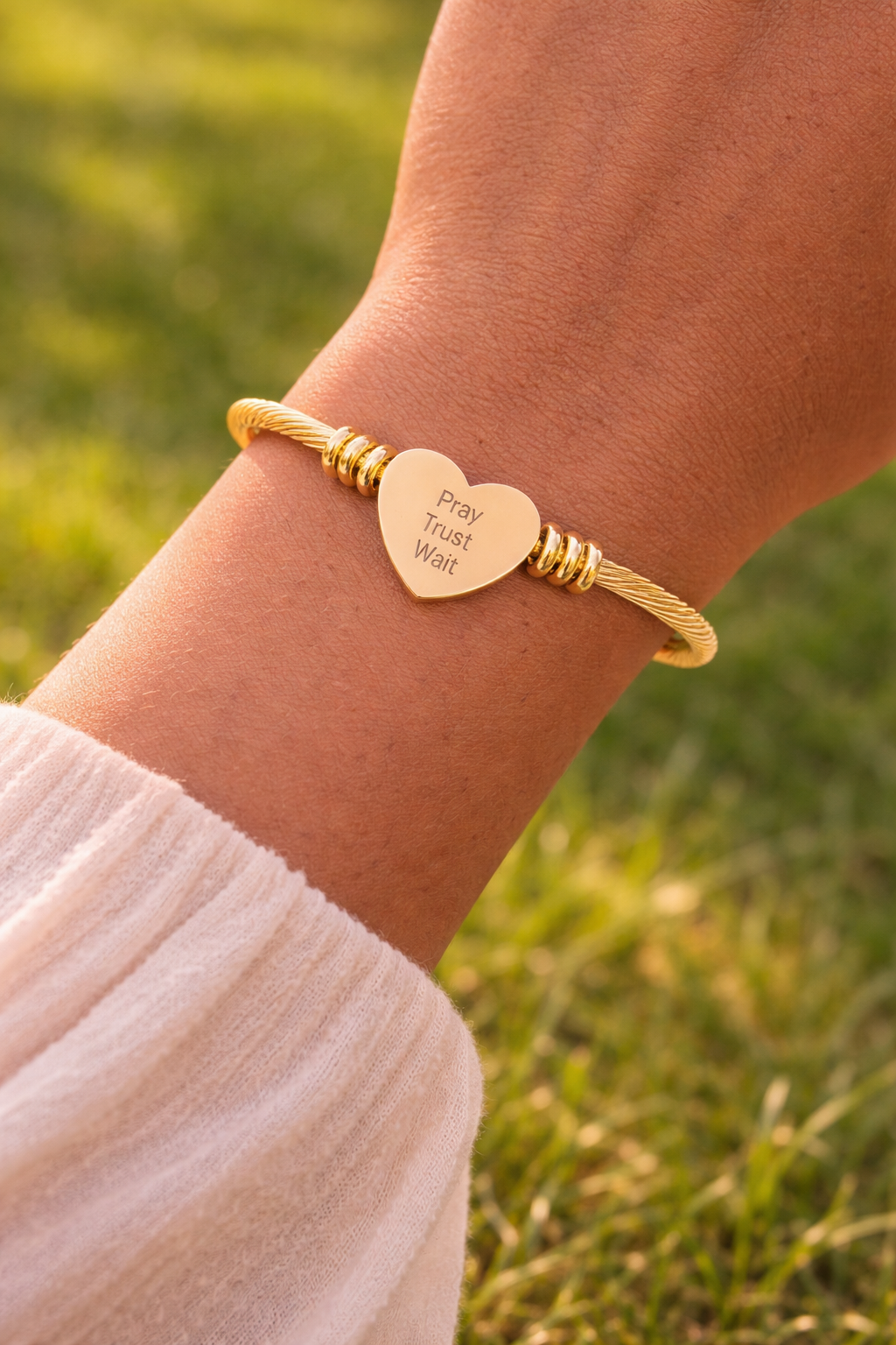 Pray, Trust, Wait Bracelet – Engraved Heart Charm Gold Bangle, Inspirational Christian Jewelry for Women, Faith Gift, Strength & Confidence Bracelet