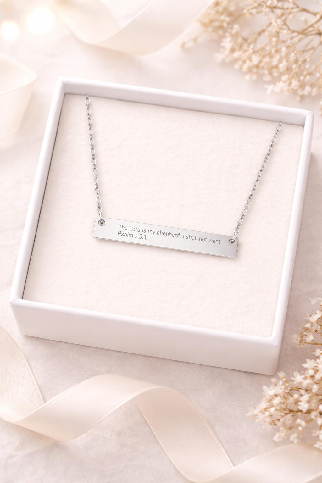 Psalm 23:1 Necklace – The Lord Is My Shepherd Engraved Bar Necklace, Christian Silver Minimalist Jewelry, Inspirational Faith Gift for Women
