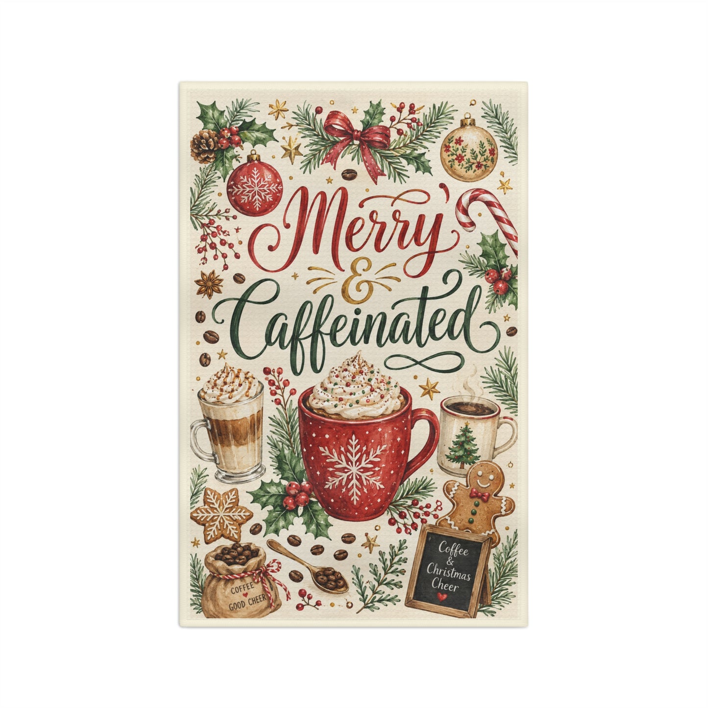 Merry & Caffeinated Holiday Tea Towel — Festive Christmas Kitchen Decor