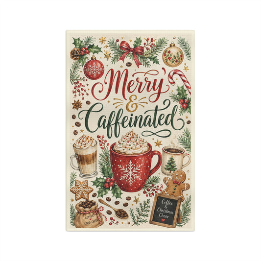 Merry & Caffeinated Holiday Tea Towel — Festive Christmas Kitchen Decor