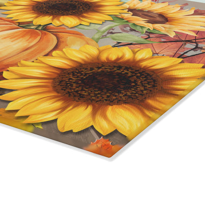 Fall-Themed Glass Cutting Board, Autumn Kitchen Decor, Pumpkin & Sunflower Design, Thanksgiving Gifts, Seasonal Cooking Accessories