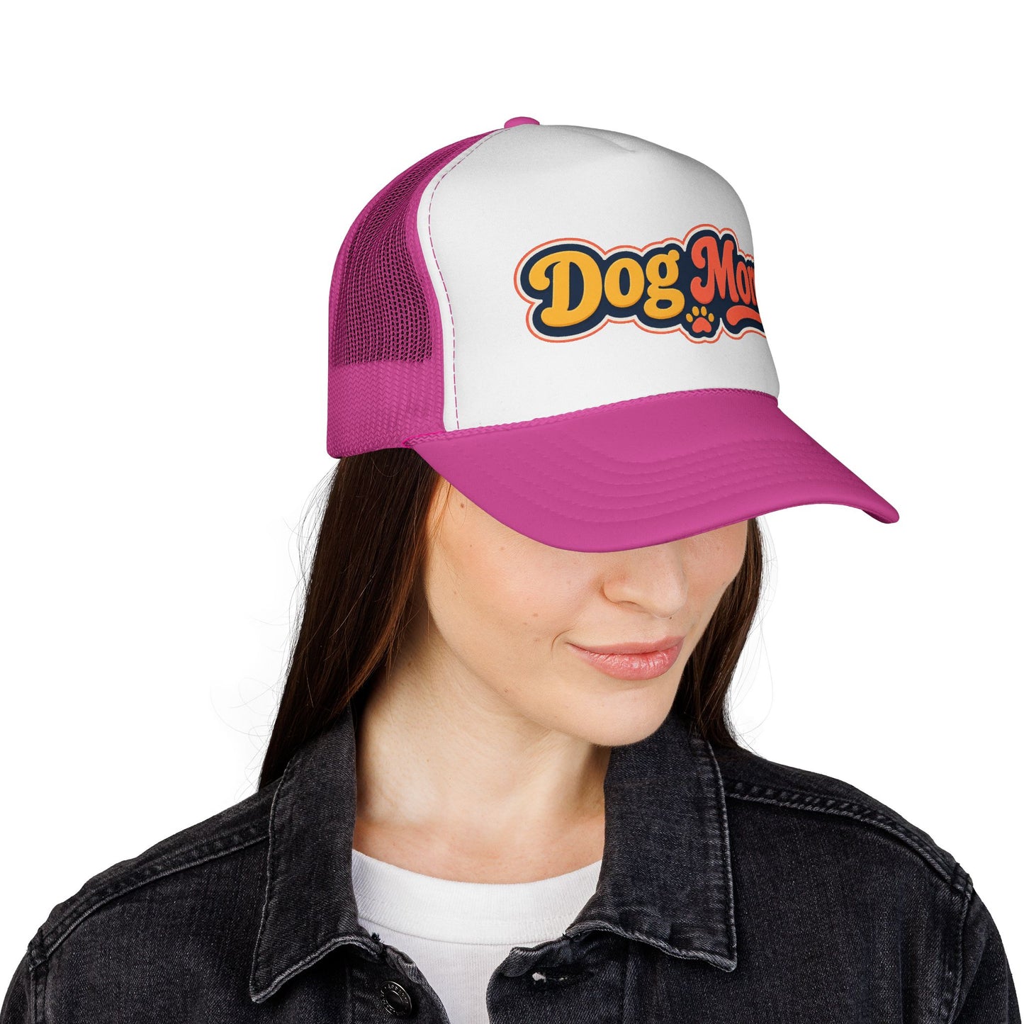 Dog Mom Trucker Cap – Retro Script Paw Patch Hat