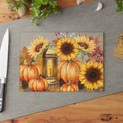 Fall-Themed Glass Cutting Board, Autumn Kitchen Decor, Pumpkin & Sunflower Design, Thanksgiving Gifts, Seasonal Cooking Accessories
