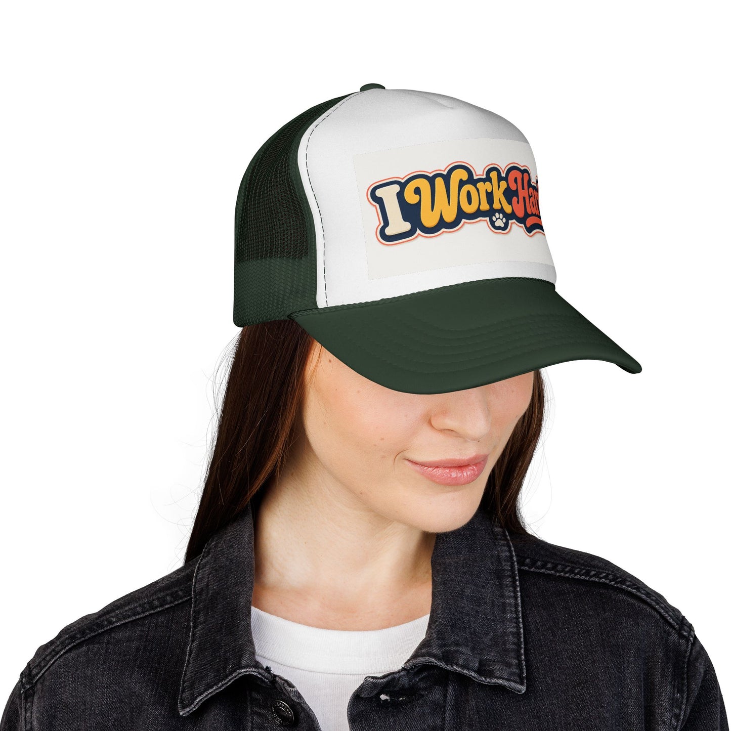 I Work Hard Trucker Hat — Retro Patch Work Ethic Mesh Cap