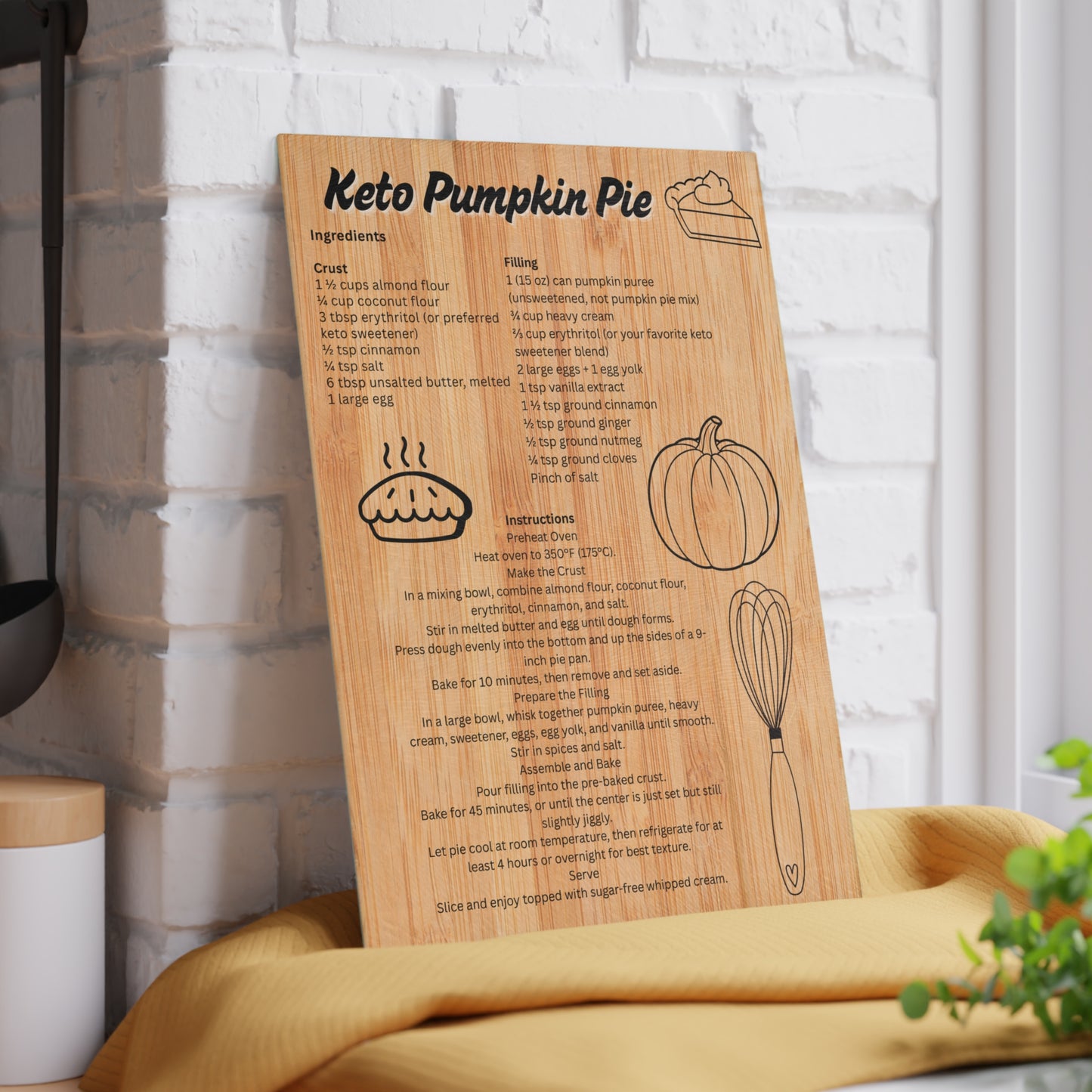 Keto Pumpkin Pie Recipe Glass Cutting Board - Unique Kitchen Decor, Thanksgiving Gifts, Cooking Essentials, Recipe Display, Home Chefs