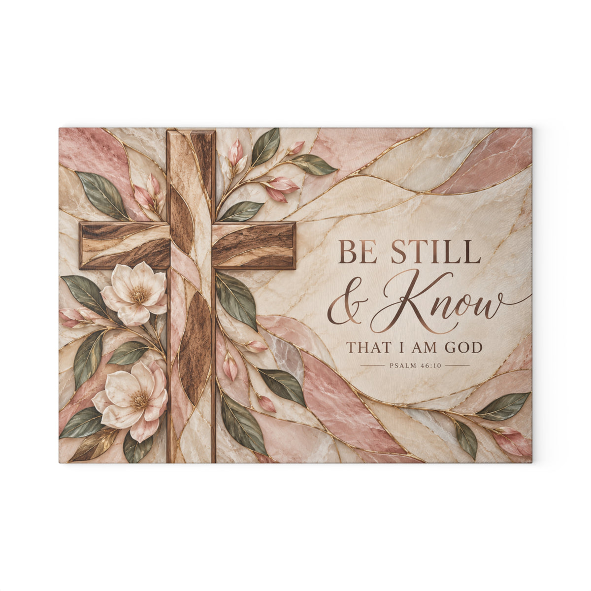 Be Still & Know Glass Cutting Board — Floral Cross Decorative Kitchen Board (Psalm 46:10)