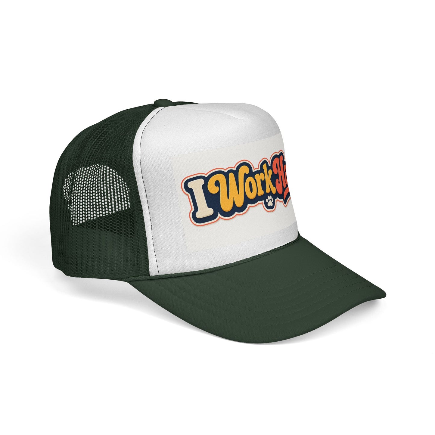 I Work Hard Trucker Hat — Retro Patch Work Ethic Mesh Cap