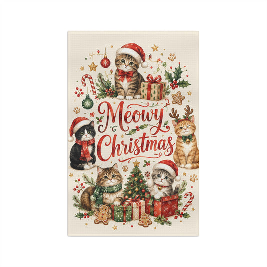 Meowy Christmas Tea Towel — Cute Cats Holiday Kitchen Towel