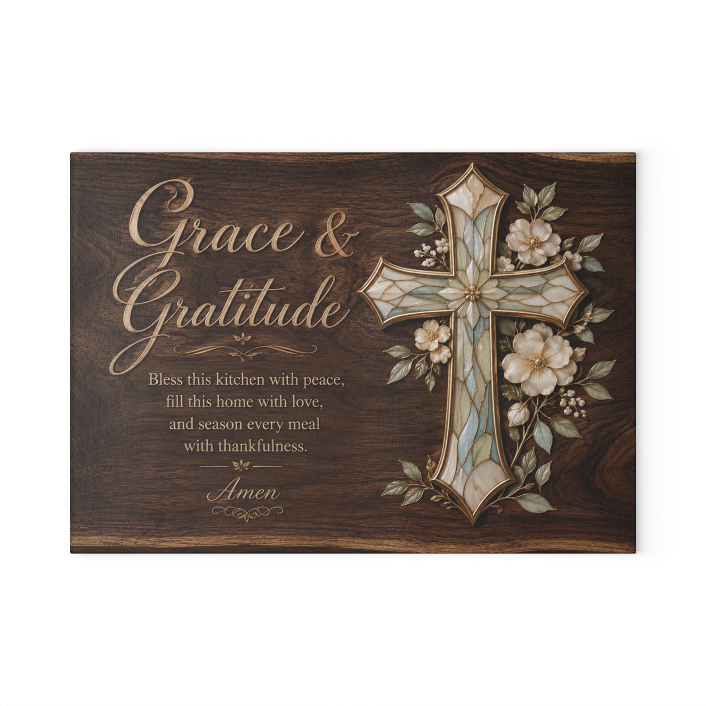 Grace & Gratitude Cross Glass Cutting Board — Religious Kitchen Décor, Bless This Kitchen Prayer