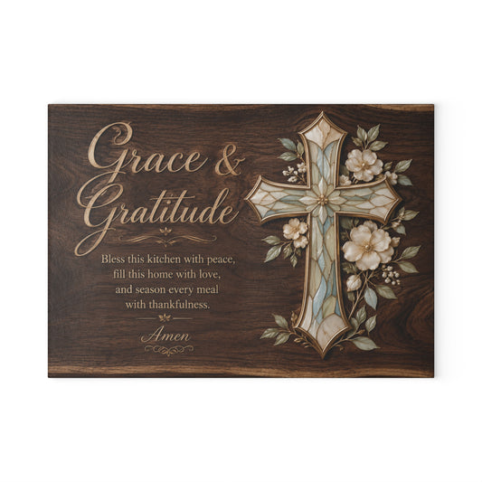 Grace & Gratitude Cross Glass Cutting Board — Religious Kitchen Décor, Bless This Kitchen Prayer