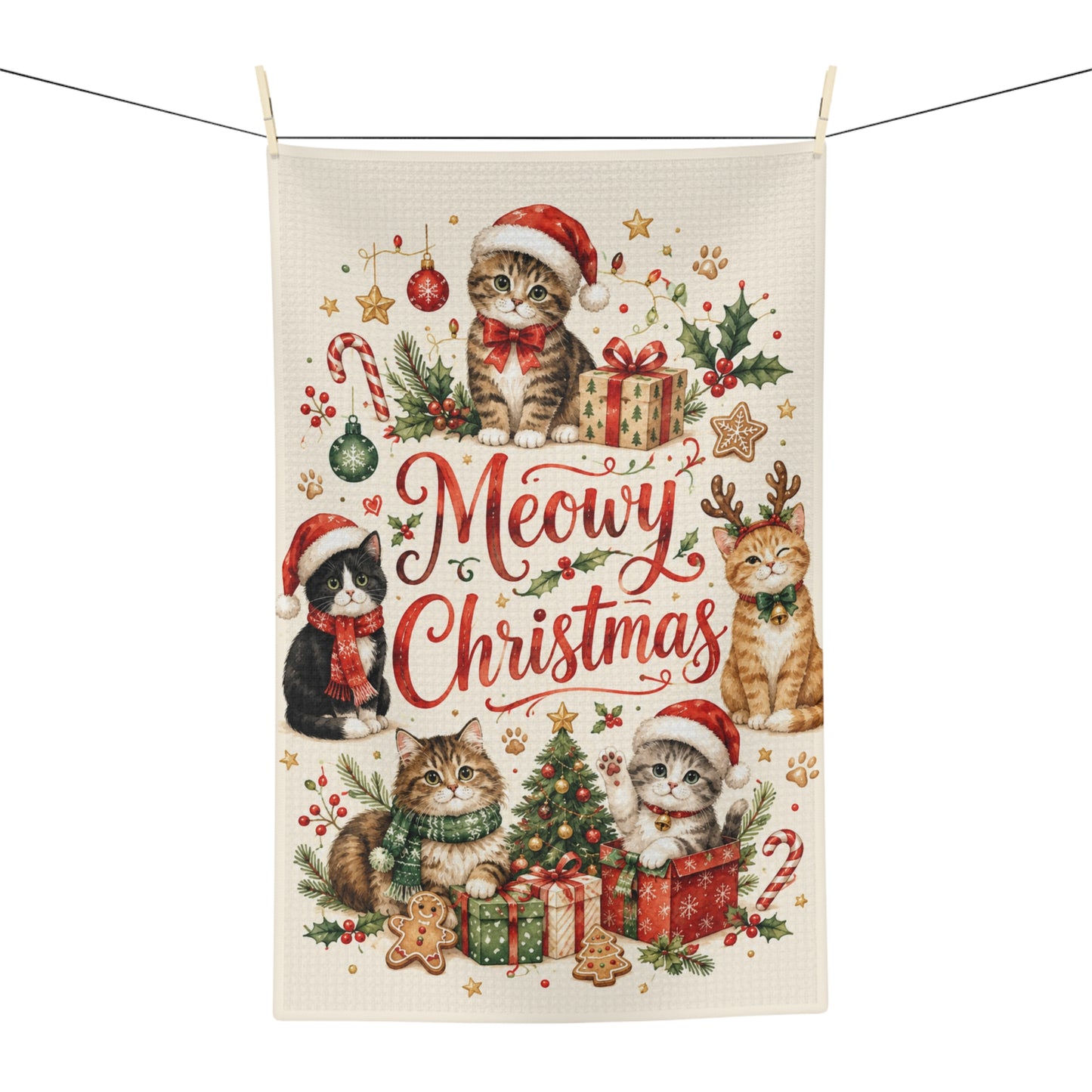 Meowy Christmas Tea Towel — Cute Cats Holiday Kitchen Towel