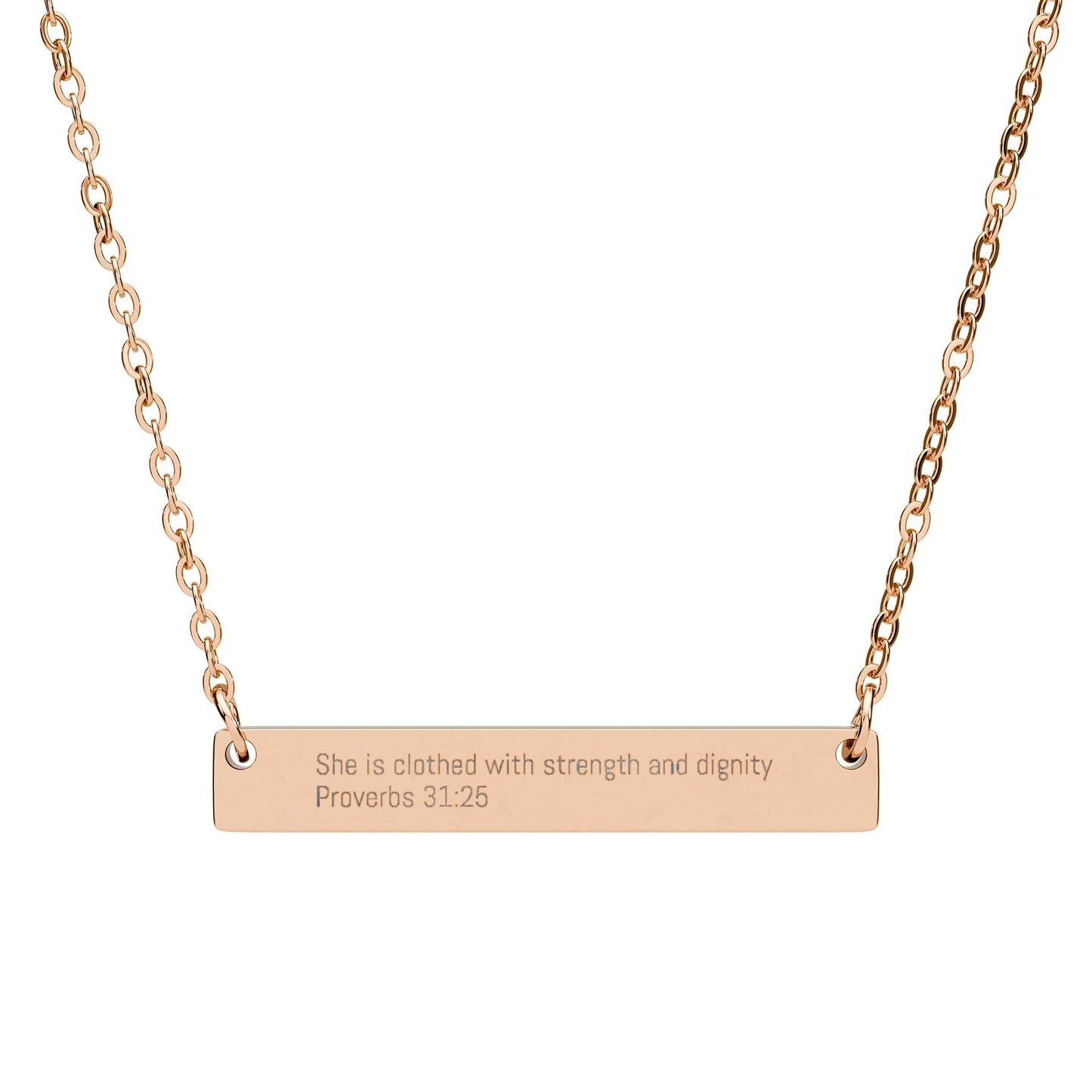 She Is Clothed With Strength and Dignity Necklace – Proverbs 31:25 Engraved Gold Bar Necklace for Women | Faith Jewelry Gift, Minimalist Christian Necklace