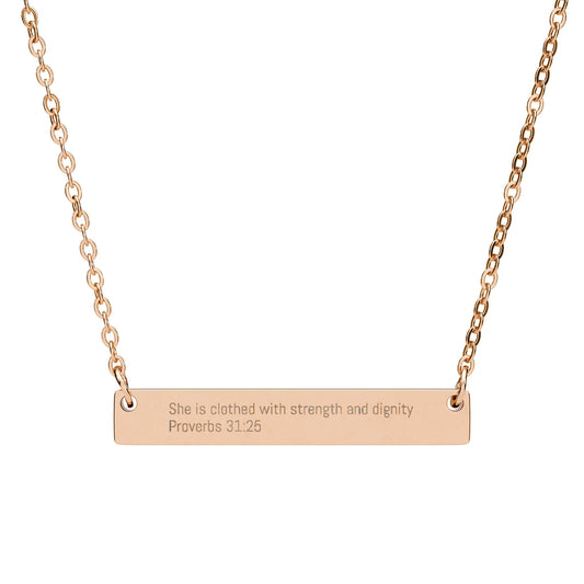 She Is Clothed With Strength and Dignity Necklace – Proverbs 31:25 Engraved Gold Bar Necklace for Women | Faith Jewelry Gift, Minimalist Christian Necklace