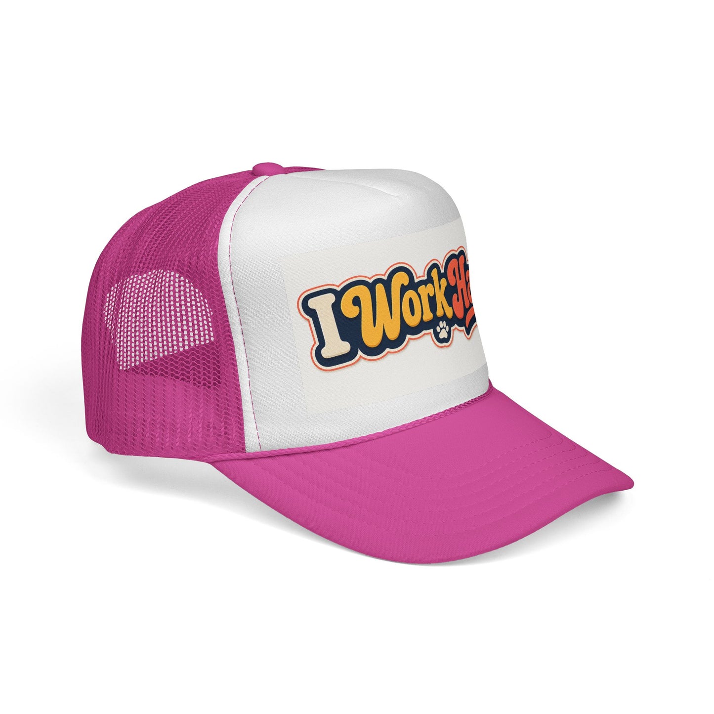 I Work Hard Trucker Hat — Retro Patch Work Ethic Mesh Cap