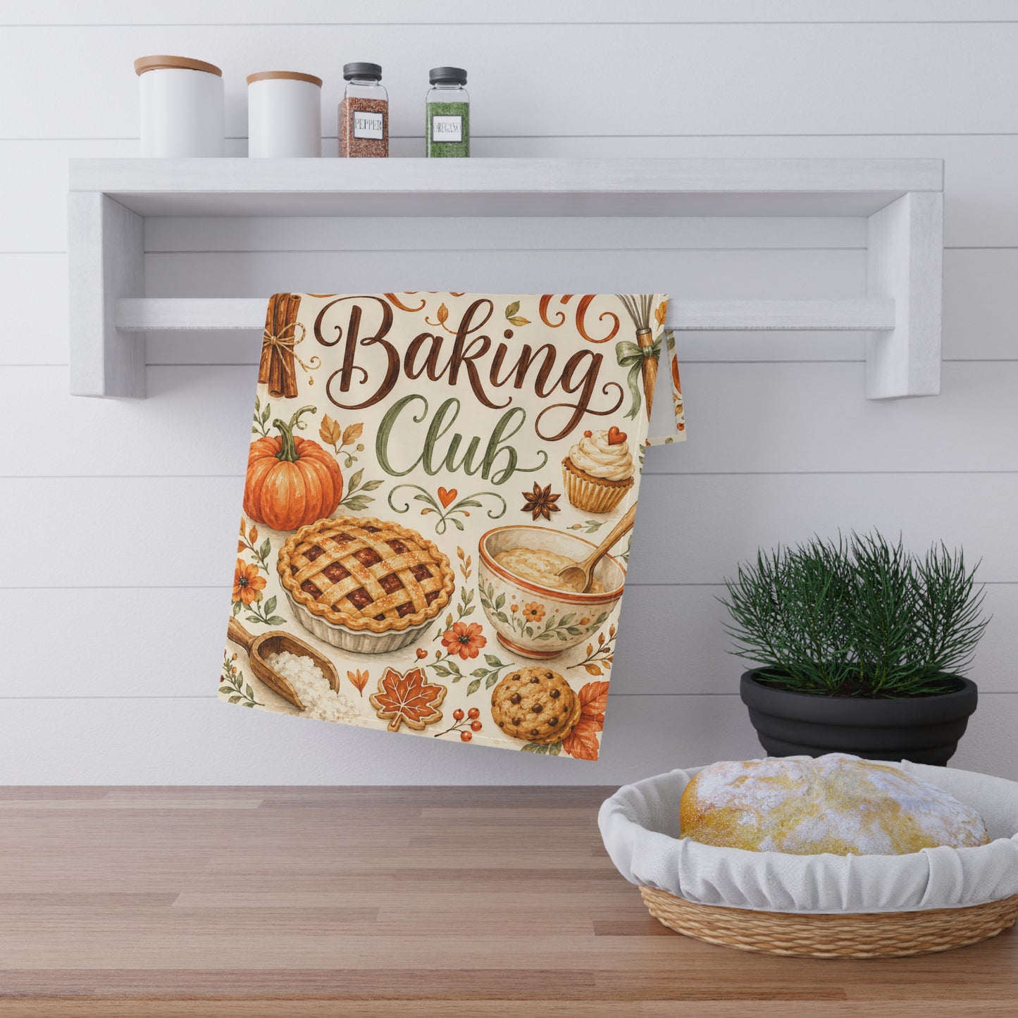Autumn Baking Club Tea Towel — Fall Kitchen Decor, Pumpkin Pie & Cozy Baking Design