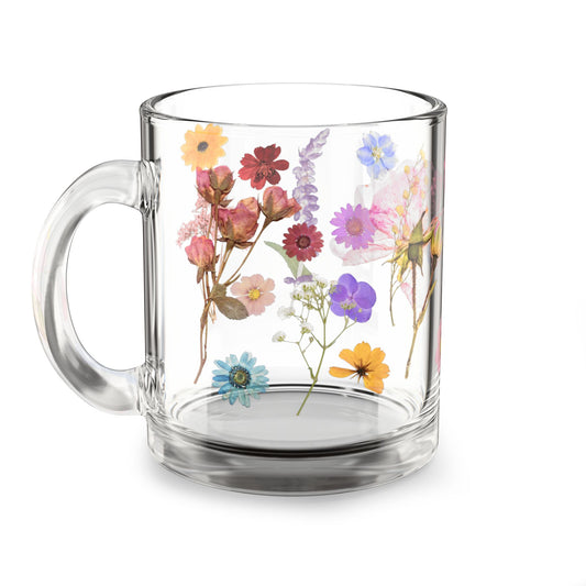 Floral Glass Mug, 10oz - Hand-painted, Flower Design, Perfect for Tea, Coffee, Gift for Her, Home Decor, Spring Decor
