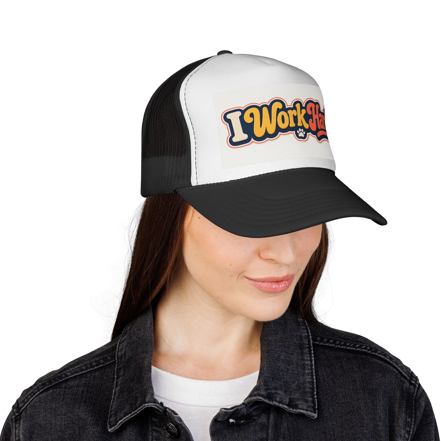 I Work Hard Trucker Hat — Retro Patch Work Ethic Mesh Cap