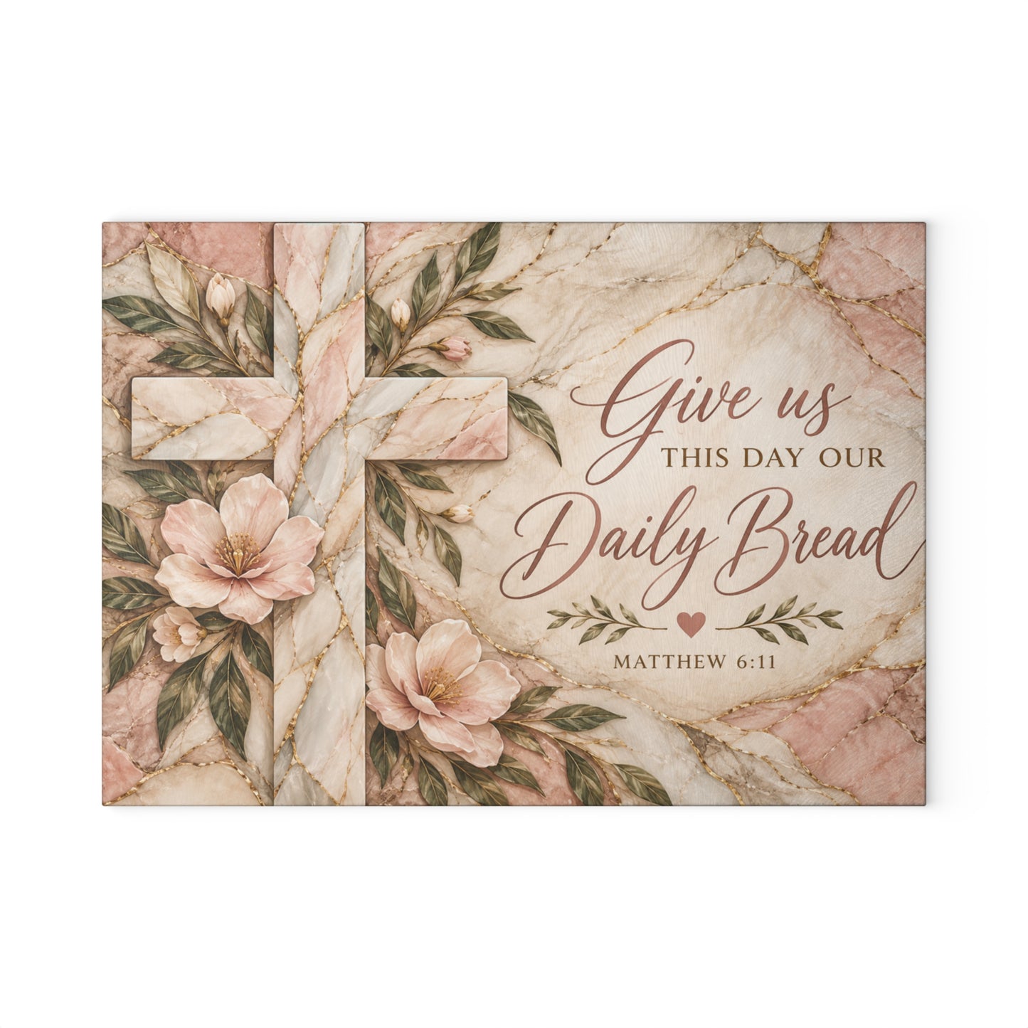 Glass Cutting Board - "Give Us This Day Our Daily Bread" Floral Cross Kitchen Decor